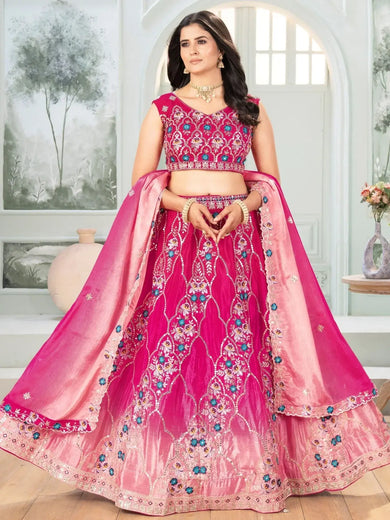 Beautiful Pink Chinon Sequins Embroidered Lehenga Choli With Dupatta - Ethnic Plus In