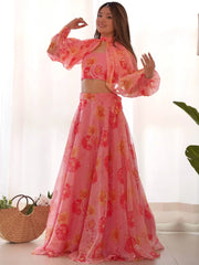 Beautiful Pink Floral Print Organza Party Wear Lehenga With Blouse - Ethnic Plus In