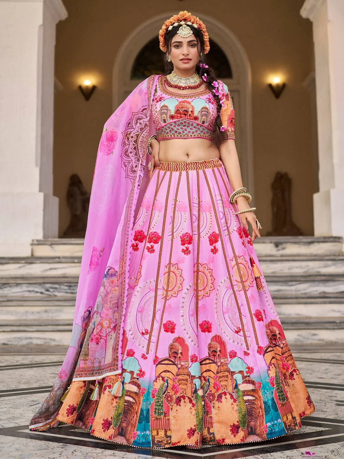 Pink printed lehenga choli with peacock and palace motifs, perfect for Indian ethnic wear events