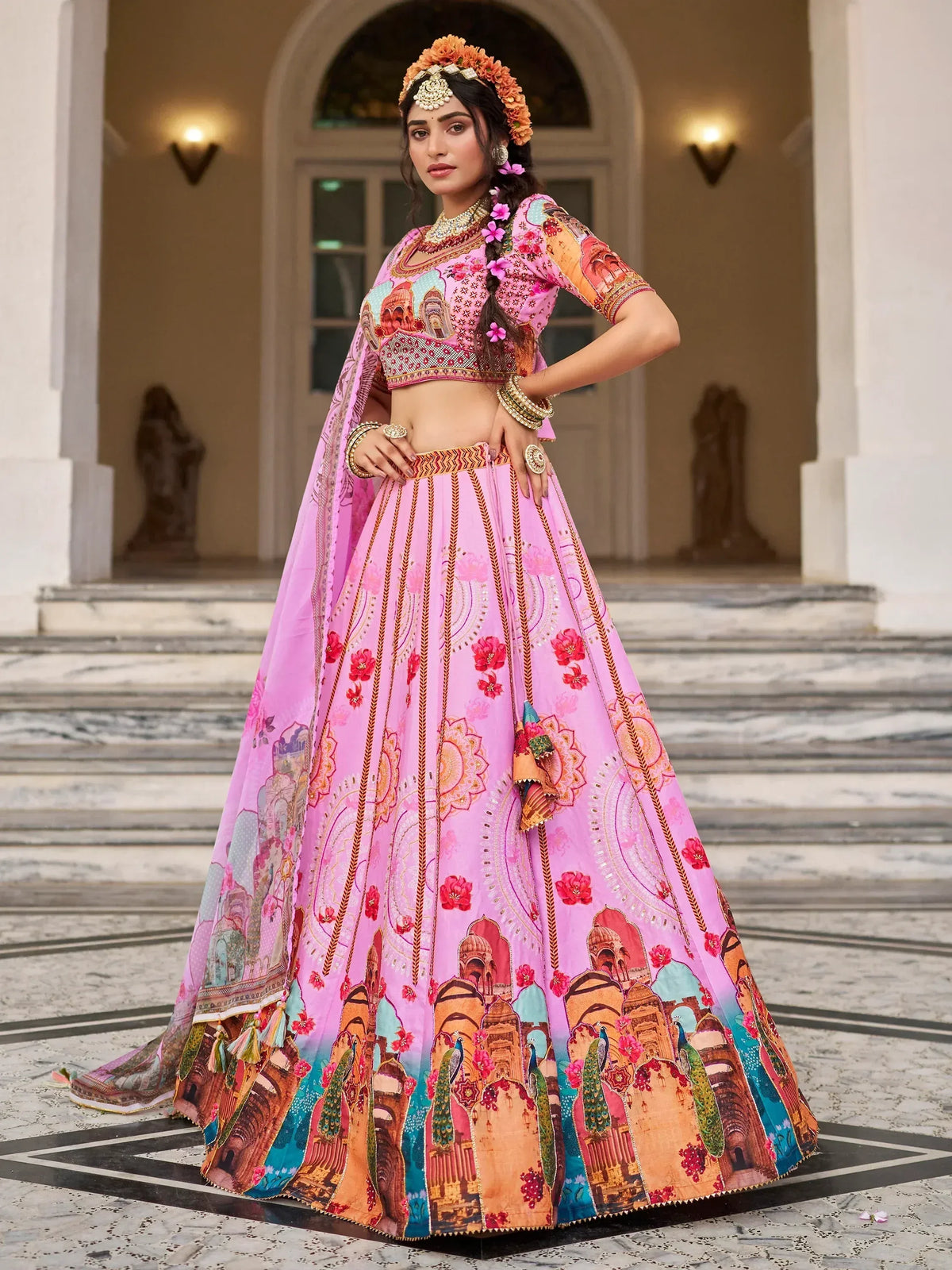 Pink printed lehenga choli with peacock and palace motifs, perfect for Indian ethnic wear occasions