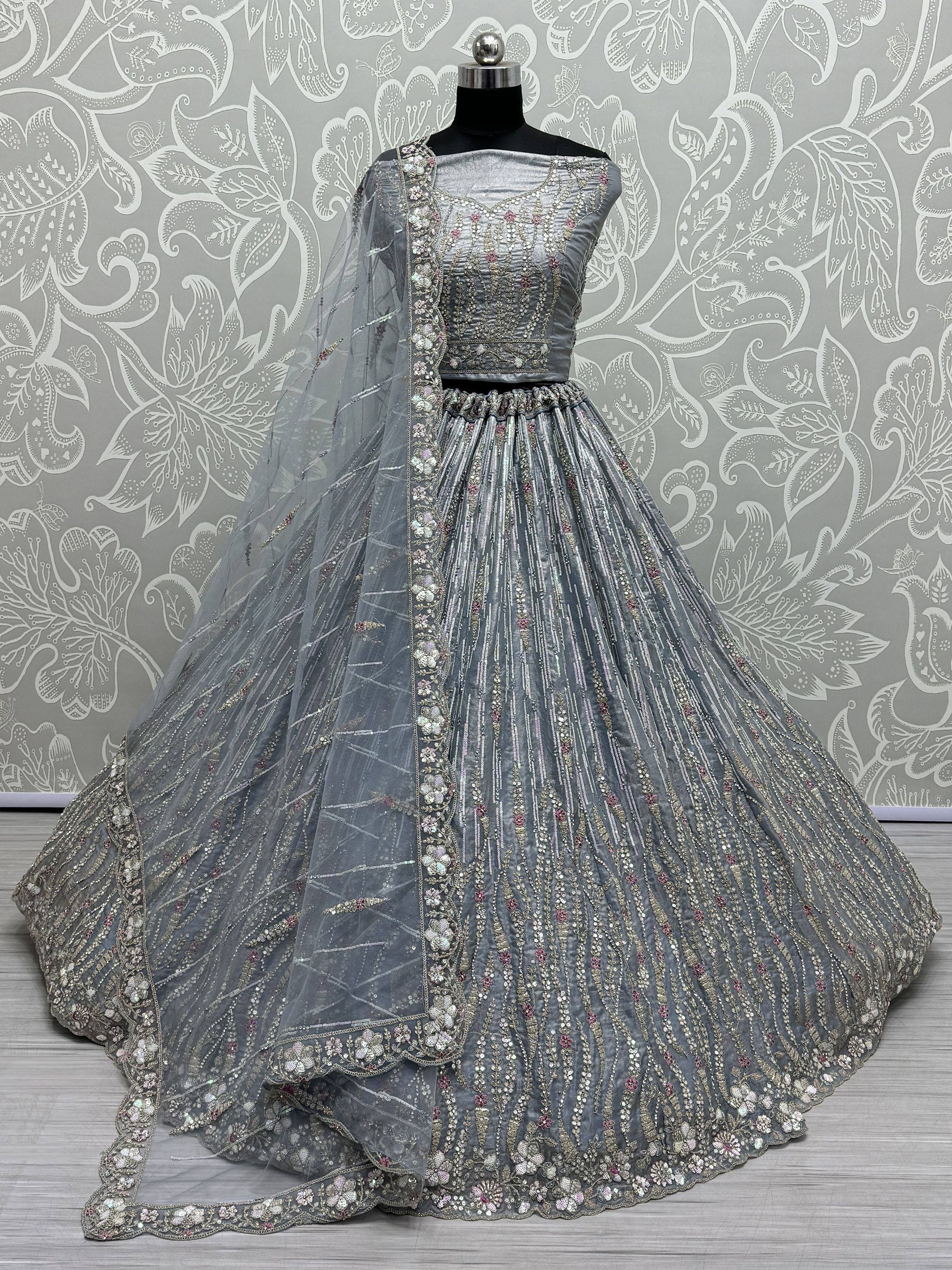 Grey designer lehenga choli with heavy embroidery and sequins, perfect for Indian ethnic wear events