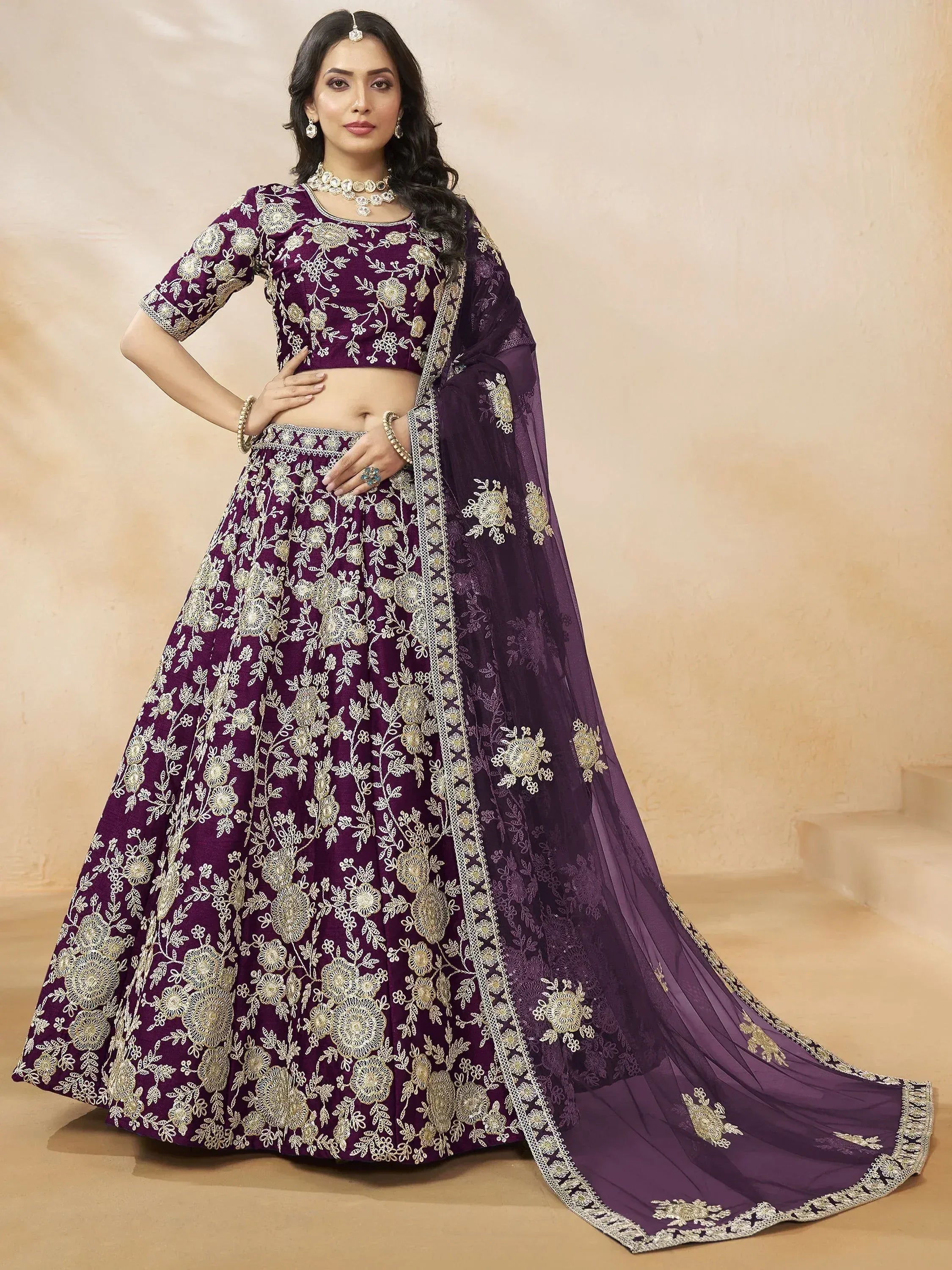 Purple floral embroidered lehenga choli with matching dupatta, Indian ethnic wear for weddings