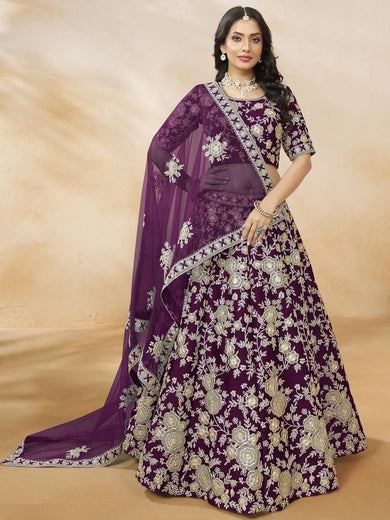 Beautiful Purple Color Embroidered Silk Engagement Wear Lehenga Choli - Ethnic Plus In