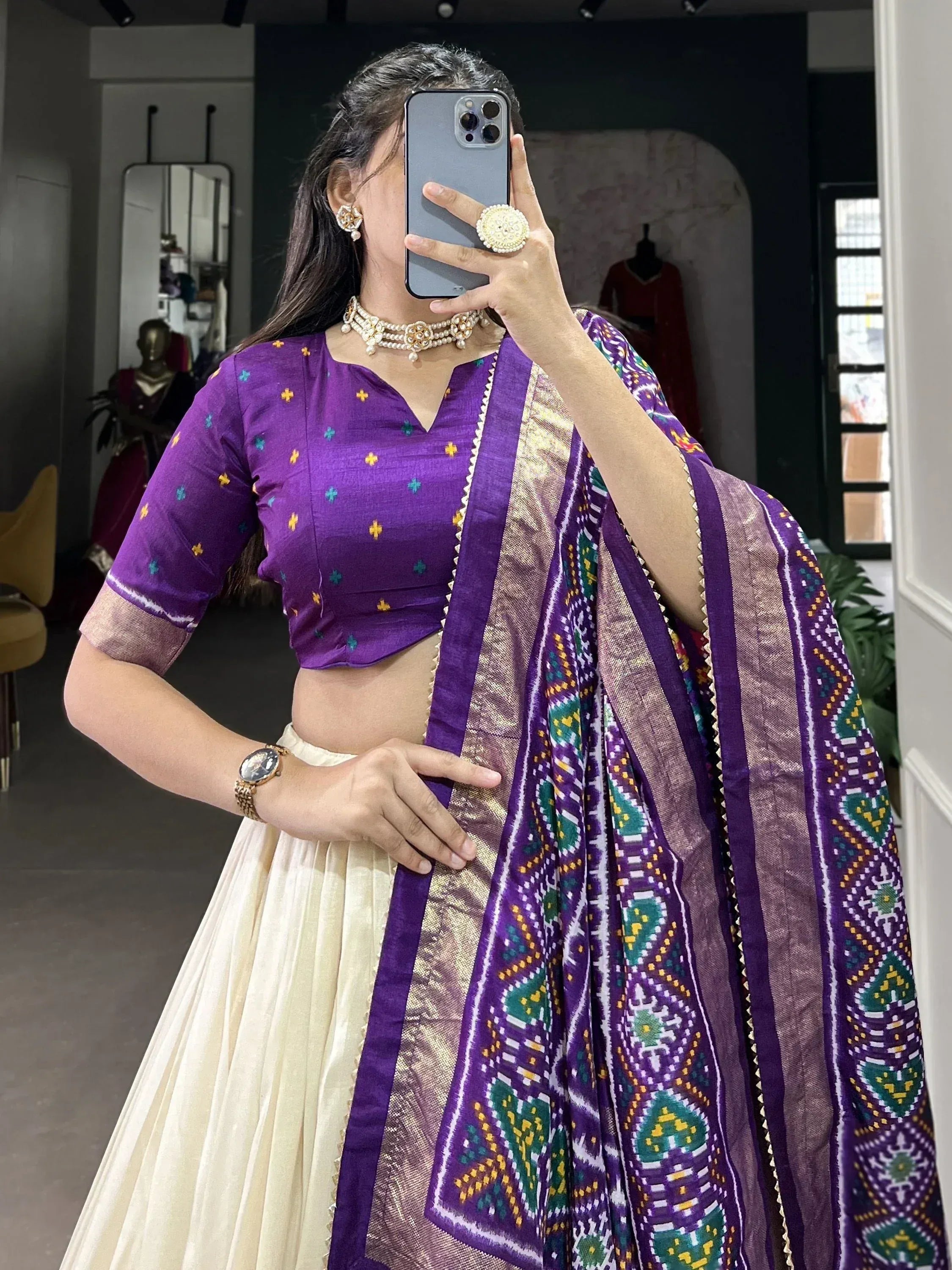 Purple embroidered lehenga choli with ikat dupatta, Indian ethnic wear for women