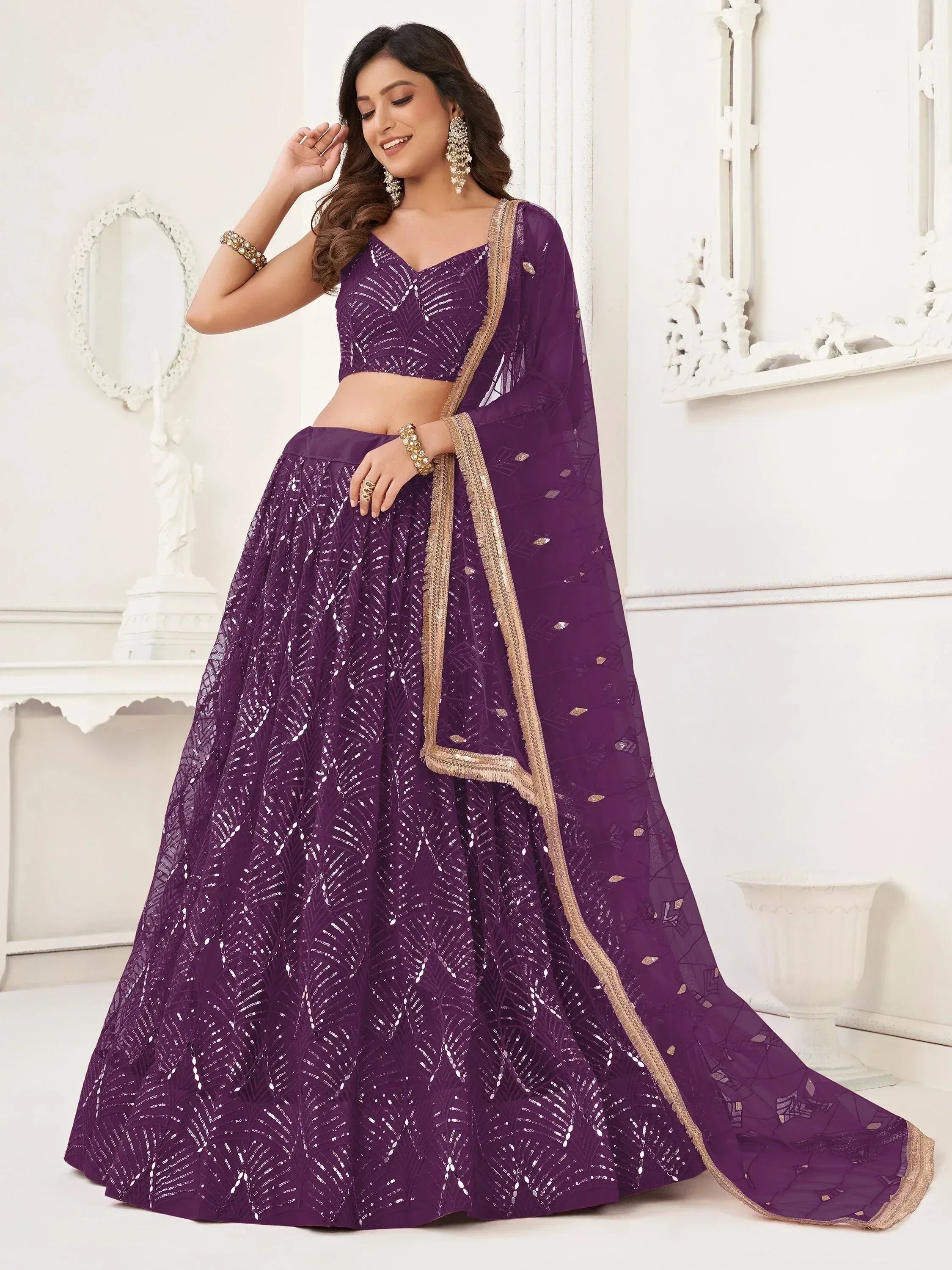 Purple sequin lehenga choli with gold trim, ethnic Indian party wear outfit