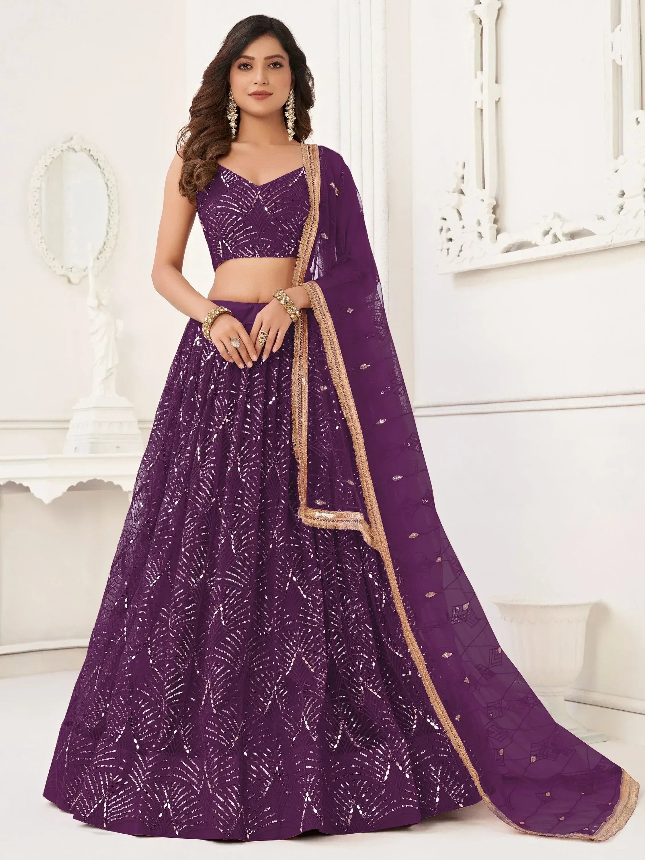 Purple sequin lehenga choli with gold trim, Indian ethnic wear for weddings and parties