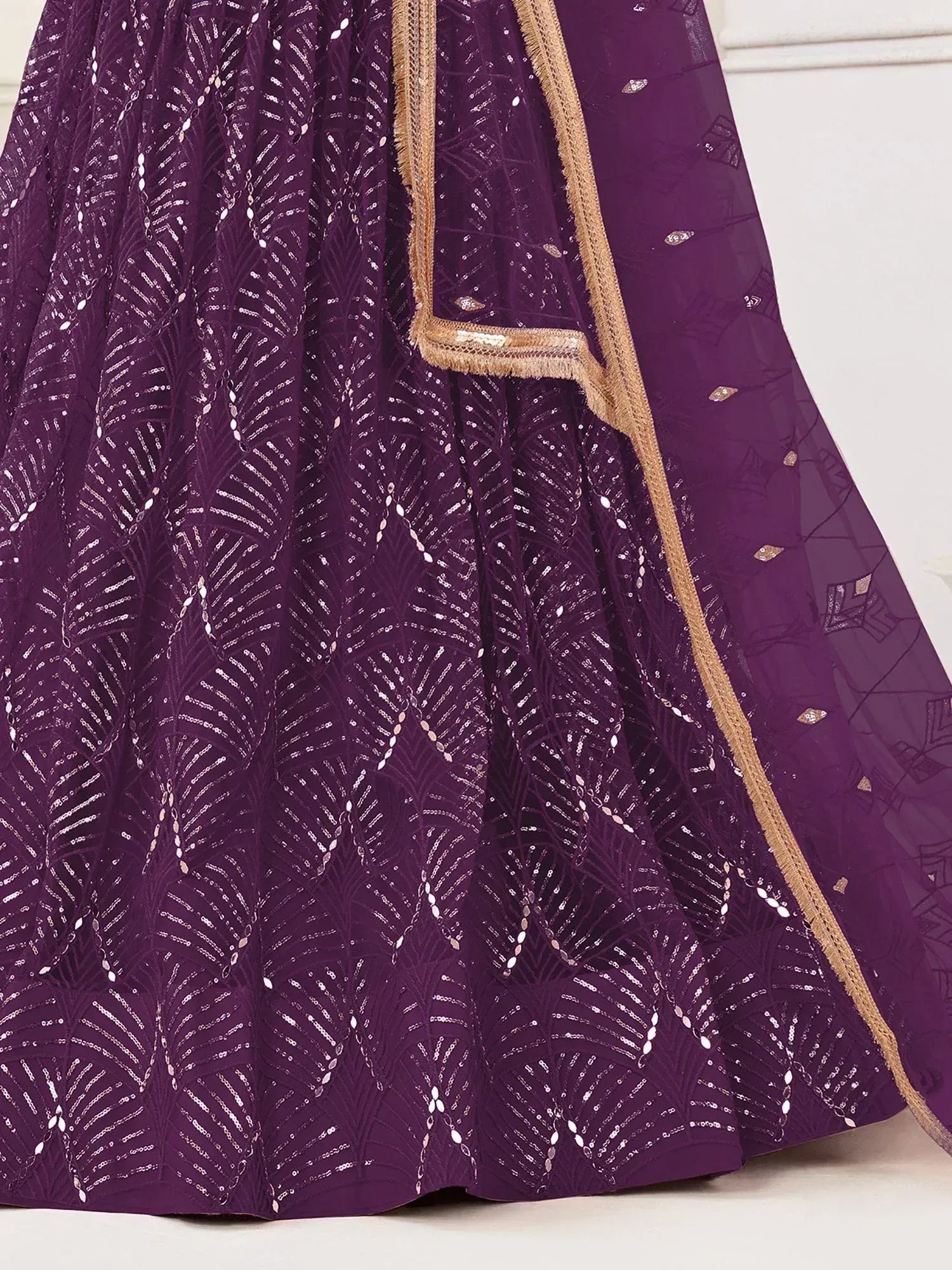 Purple lehenga choli with sequin leaf pattern and gold border, Indian ethnic wear