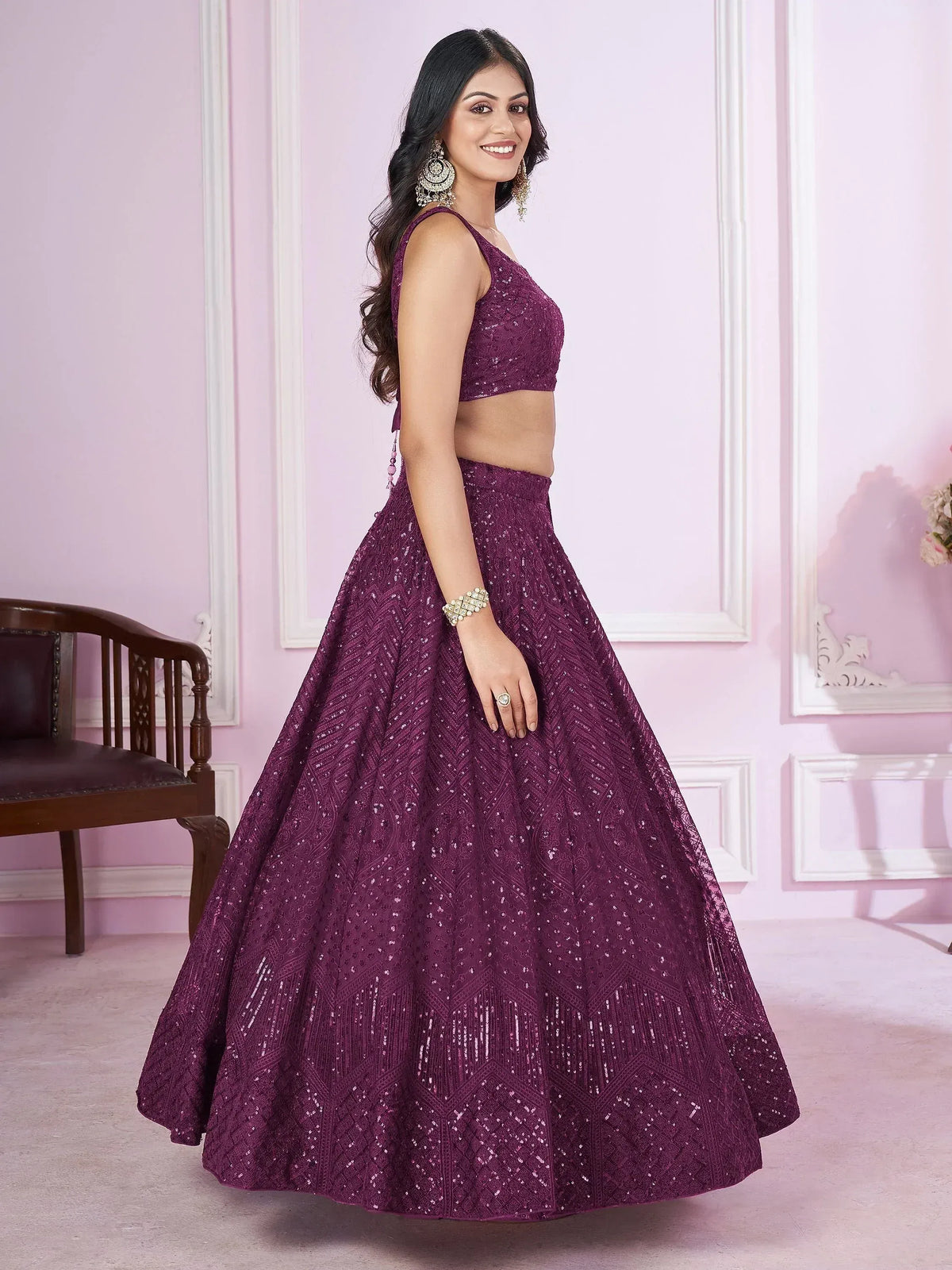 Purple sequin lehenga choli with intricate embroidery, perfect for Indian ethnic wear and festive occasions.