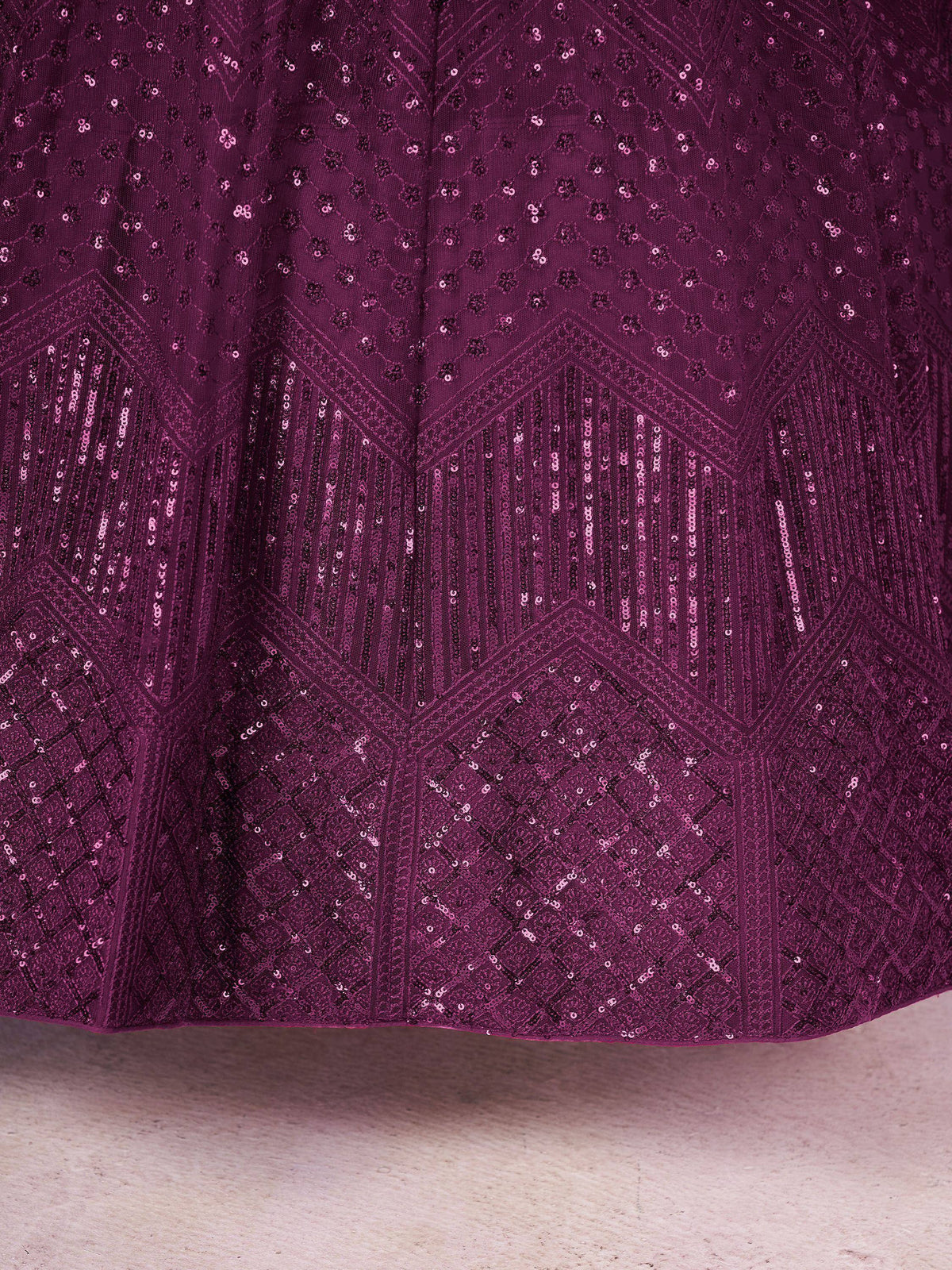 Purple sequin lehenga skirt with geometric patterns, Indian ethnic wear