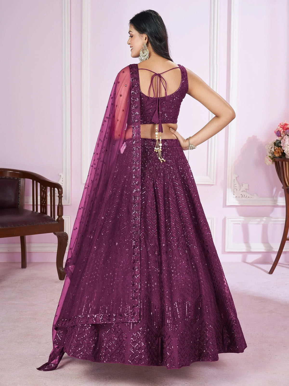 Purple sequin lehenga choli with back tie blouse and sheer dupatta, Indian ethnic wear