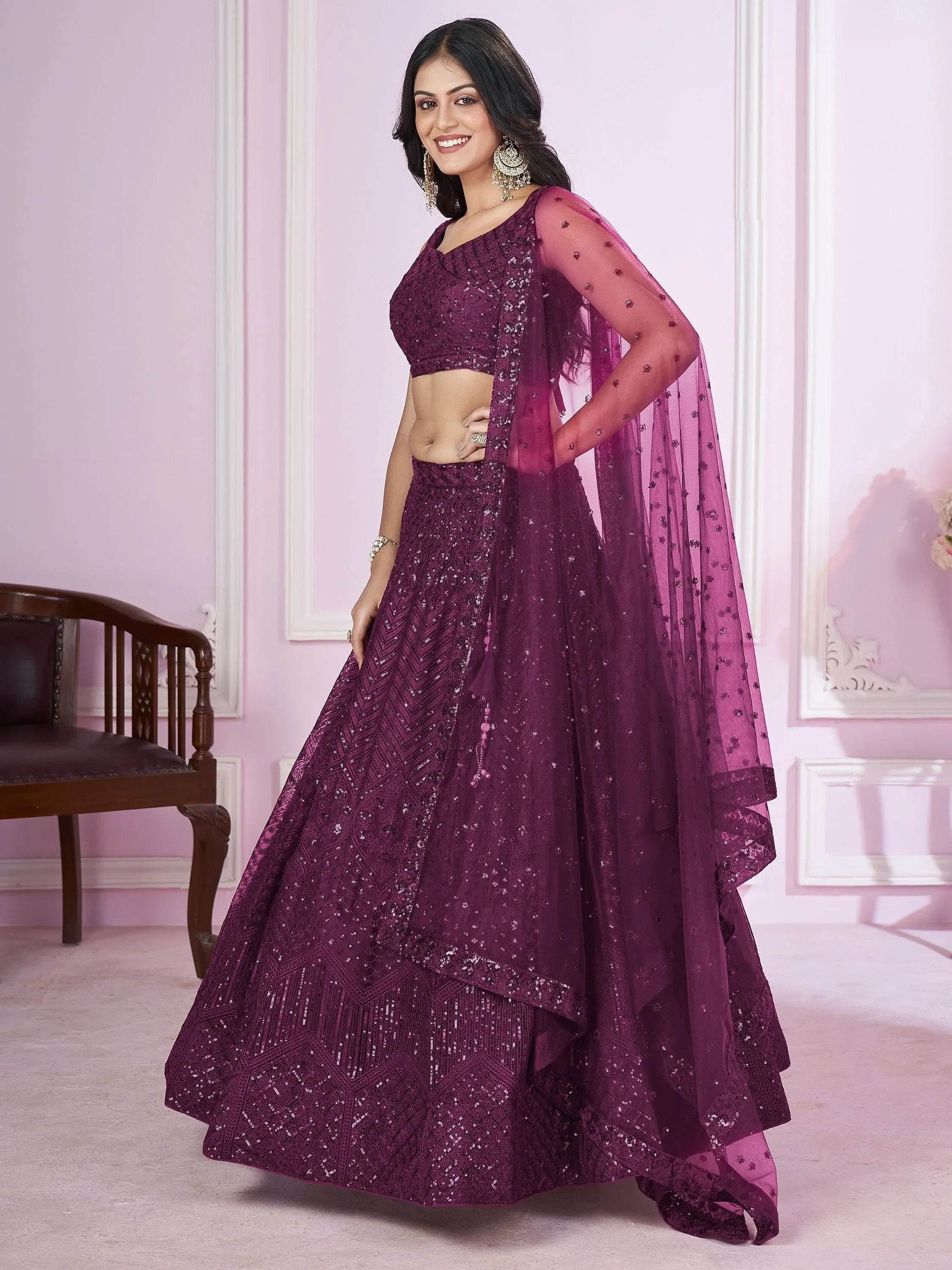 Purple sequin lehenga choli with sheer dupatta, Indian ethnic wear for weddings and parties