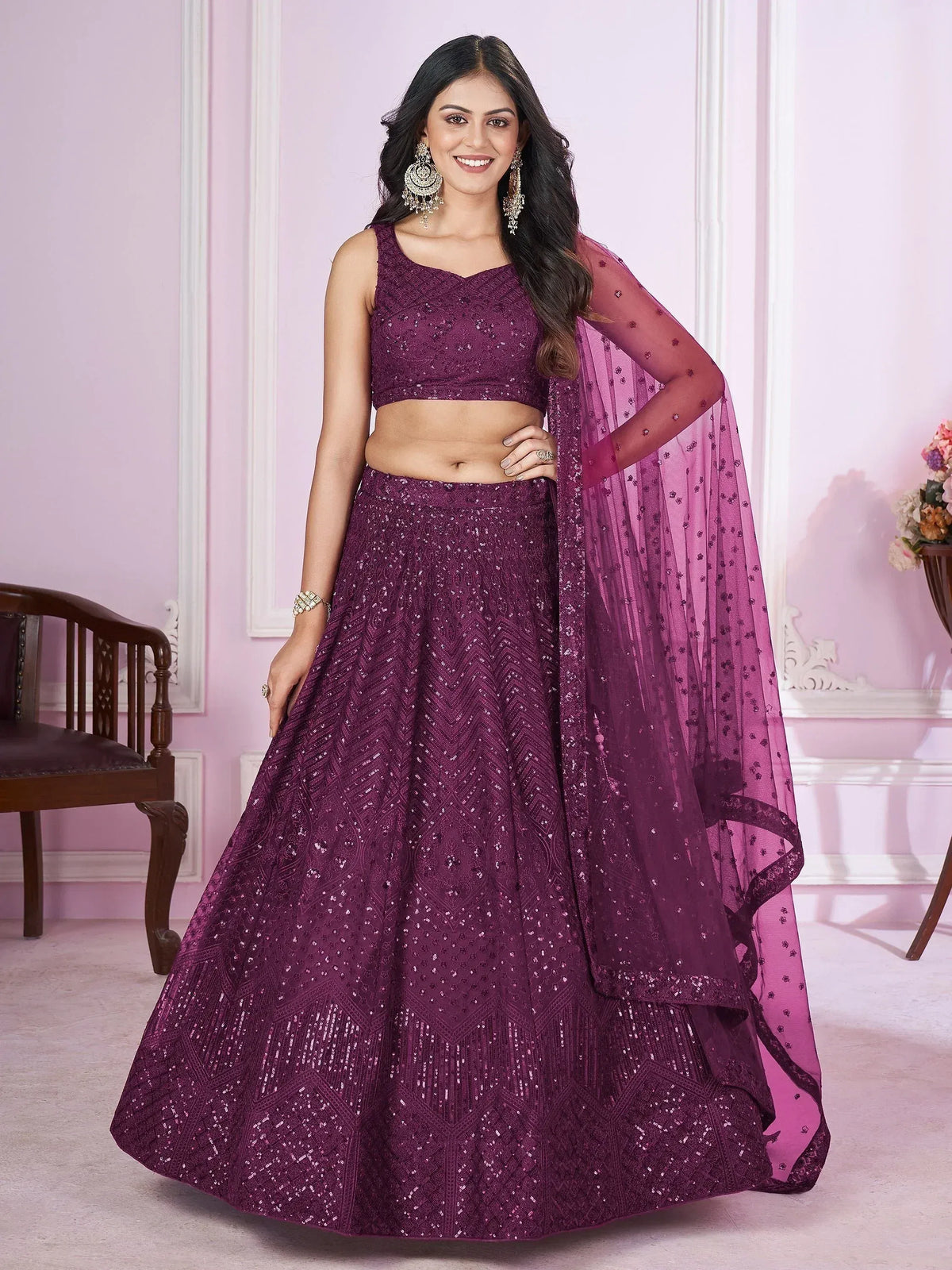 Purple sequin lehenga choli with sheer dupatta, Indian ethnic wear for women