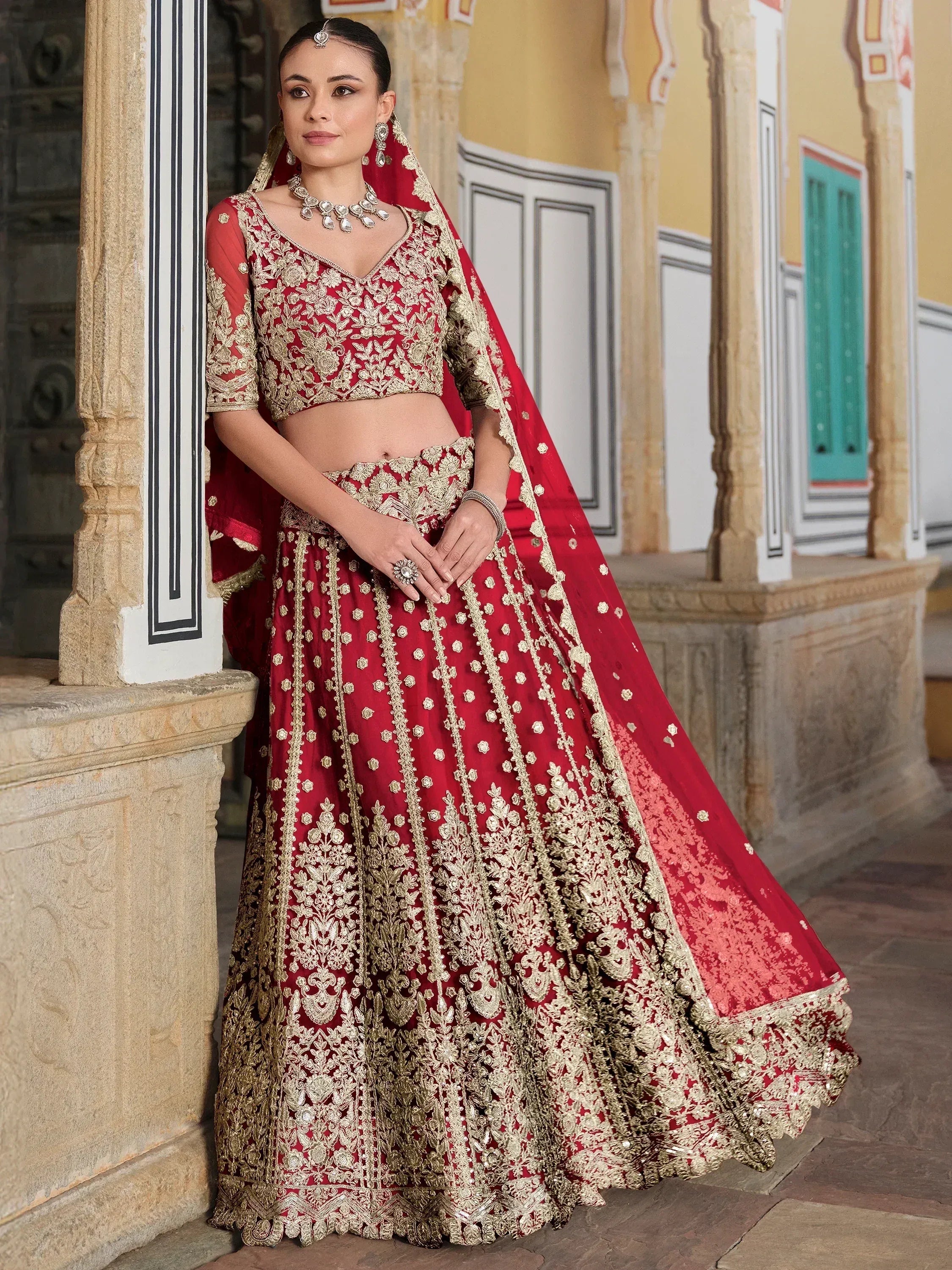 Red and gold embroidered lehenga choli with dupatta, Indian ethnic wear for weddings