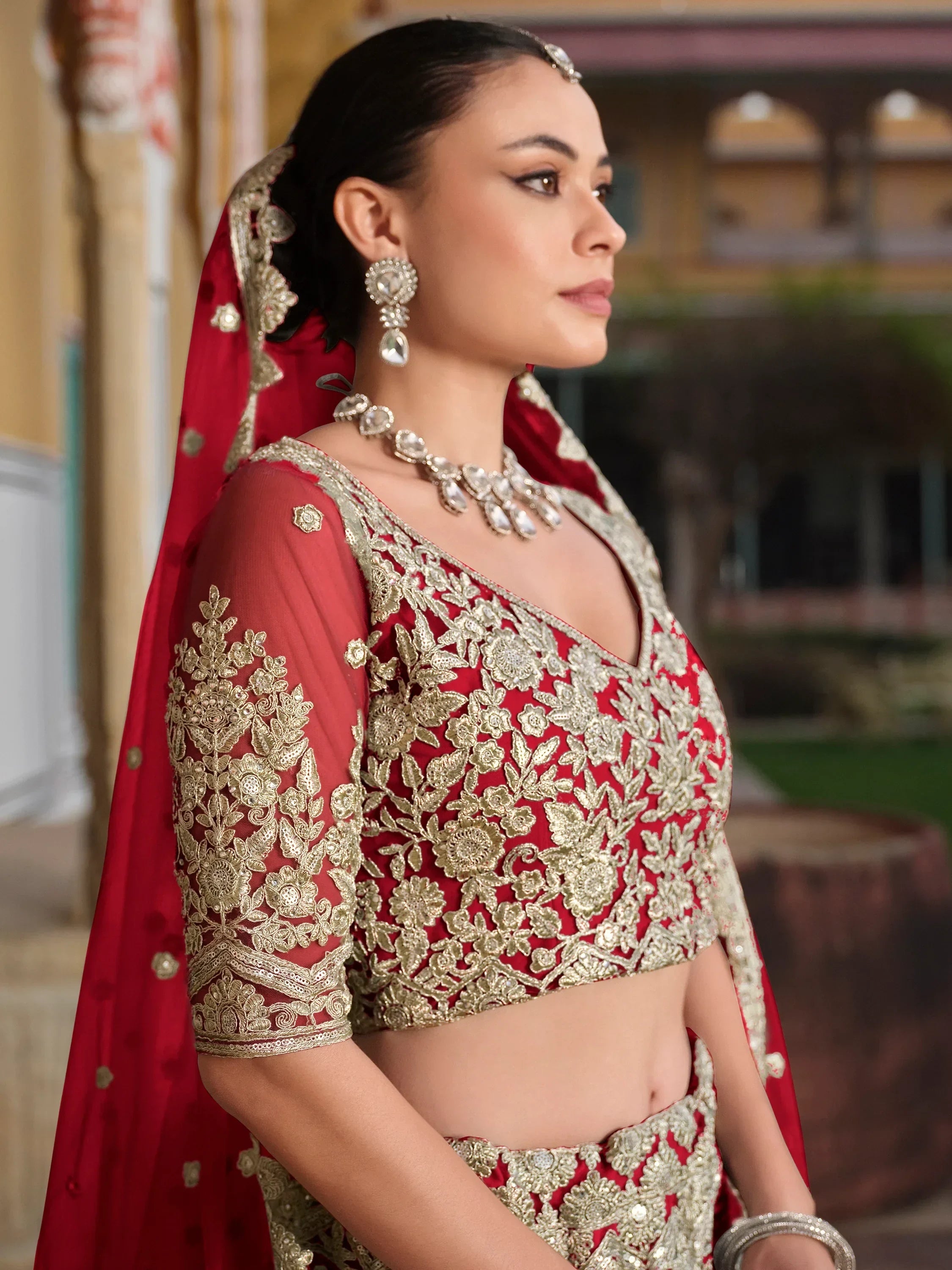 Beautiful Red Embroidered Net Bridal Lehenga Choli With Dupatta - Ethnic Plus In