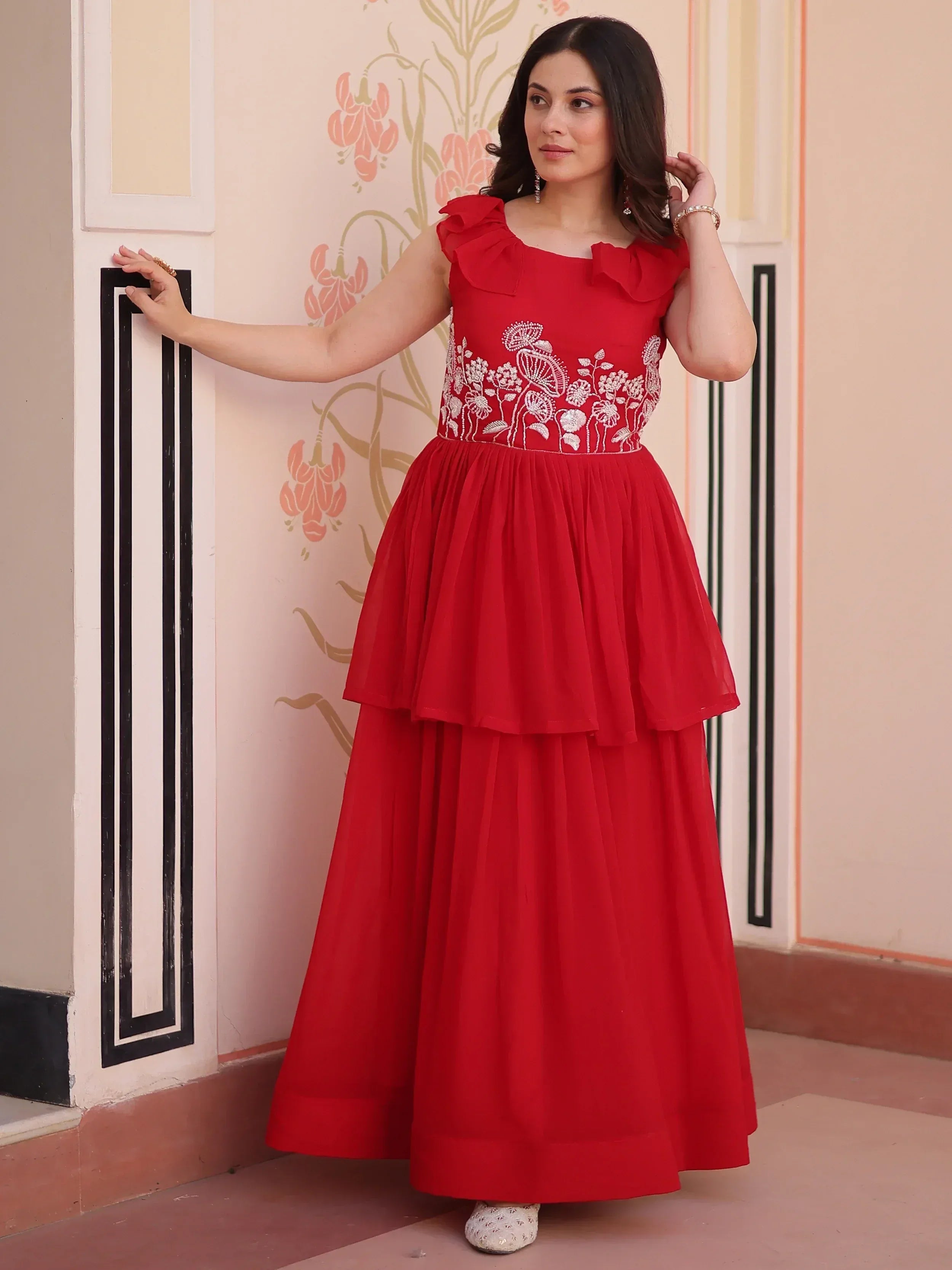 Red ethnic gown with floral embroidery and ruffle sleeves for women