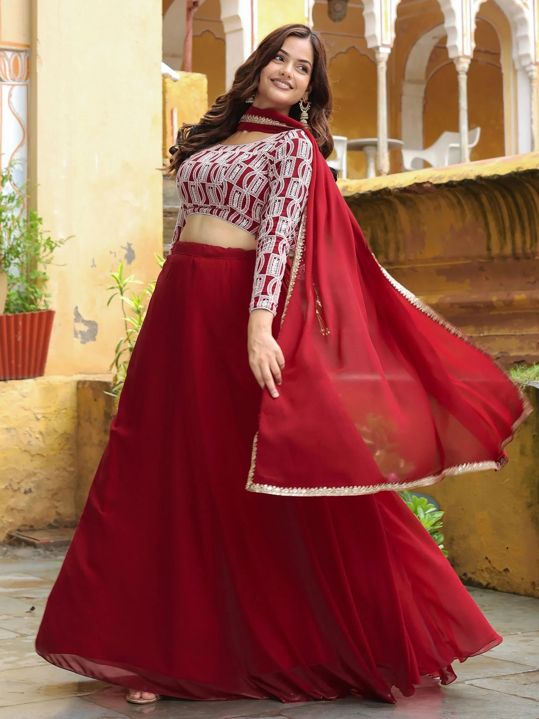 Red embroidered lehenga choli with dupatta, Indian ethnic wear for women