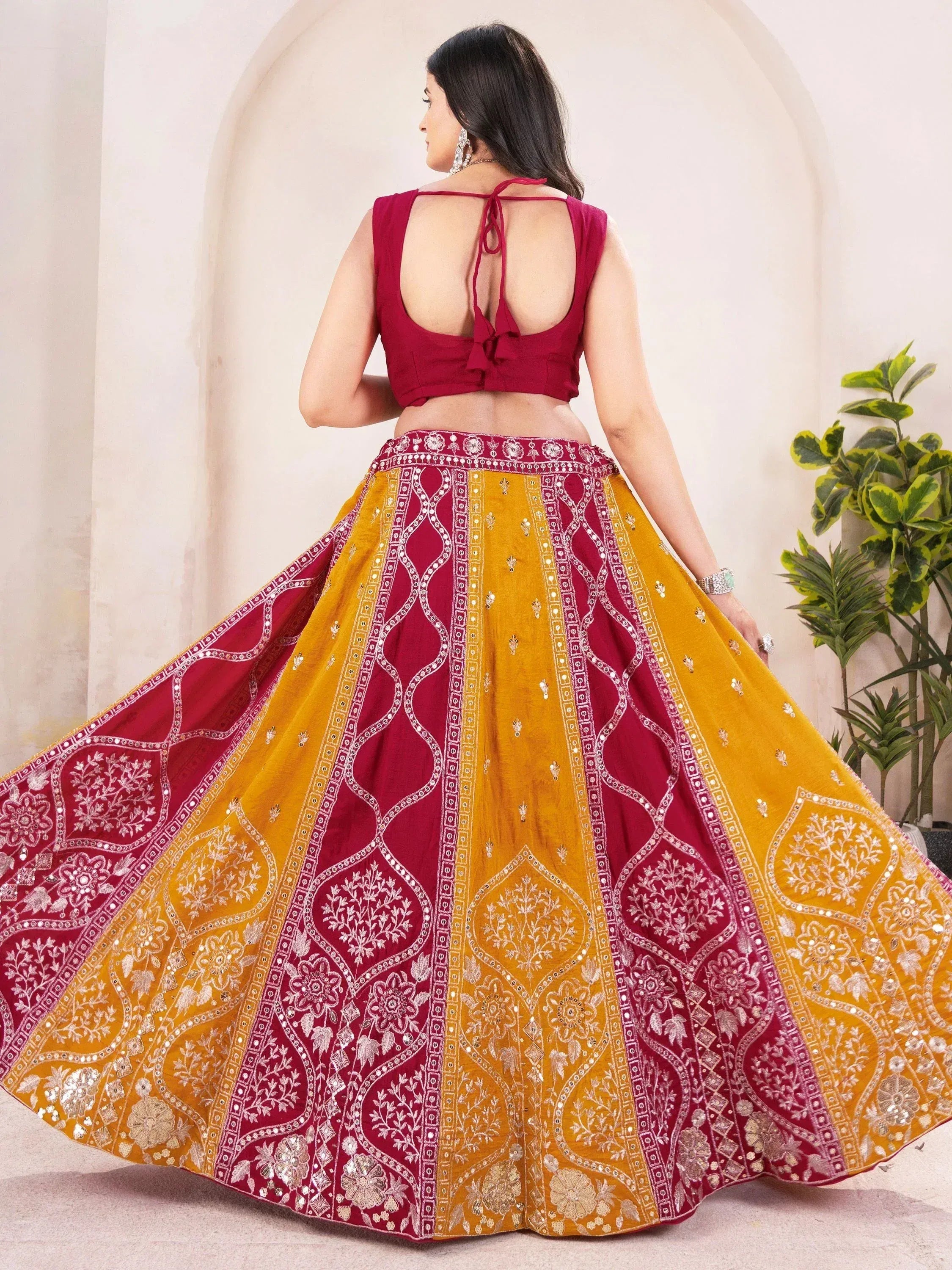 Maroon and mustard yellow embroidered lehenga choli with back tie blouse, Indian ethnic wear