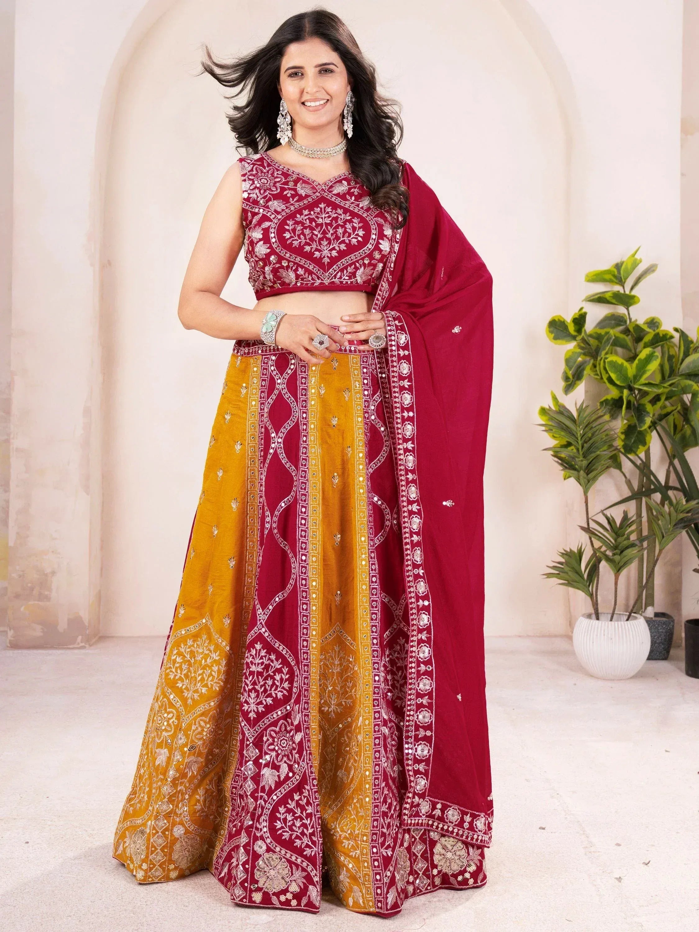 Maroon and mustard embroidered lehenga choli with dupatta, Indian ethnic wear for women