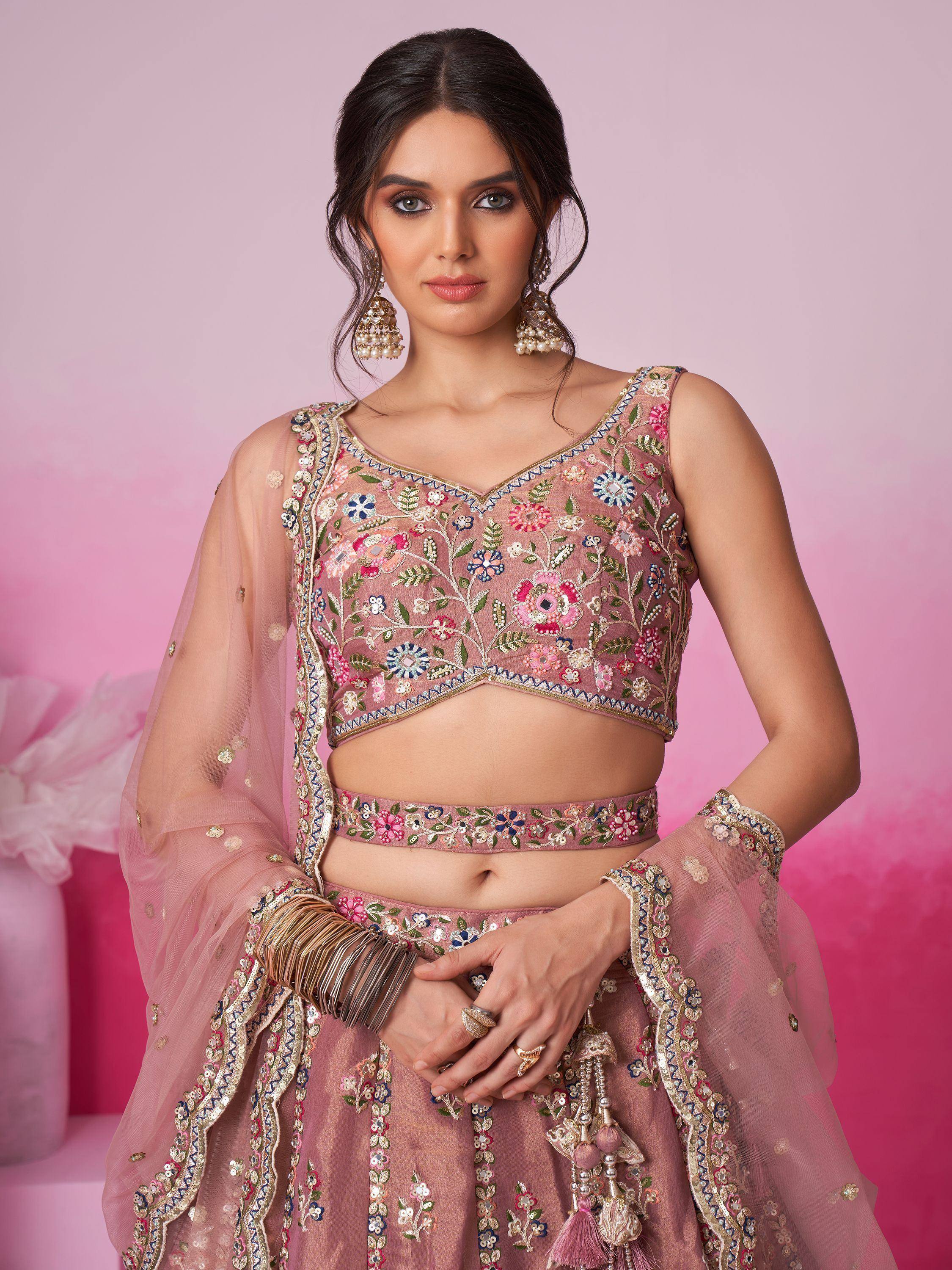 Pink floral embroidered lehenga choli with sheer dupatta, perfect for Indian ethnic occasions