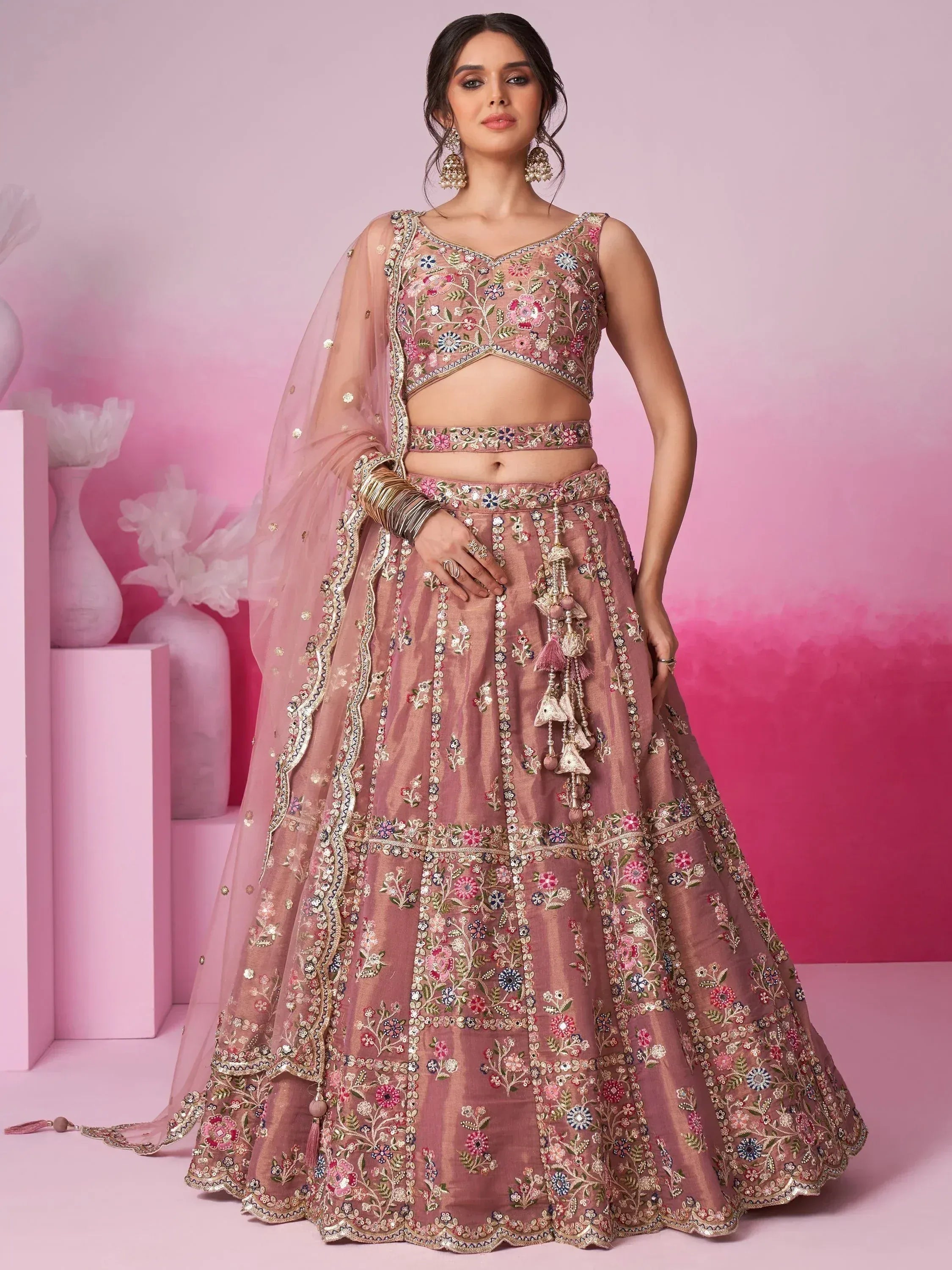 Pink floral embroidered lehenga choli with dupatta, Indian ethnic wear for weddings and parties