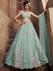 Beautiful Sea Green Sequins Silk Pastel Lehenga Choli With Dupatta - Ethnic Plus In