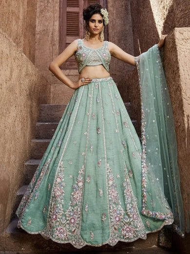 Beautiful Sea Green Sequins Silk Pastel Lehenga Choli With Dupatta - Ethnic Plus In