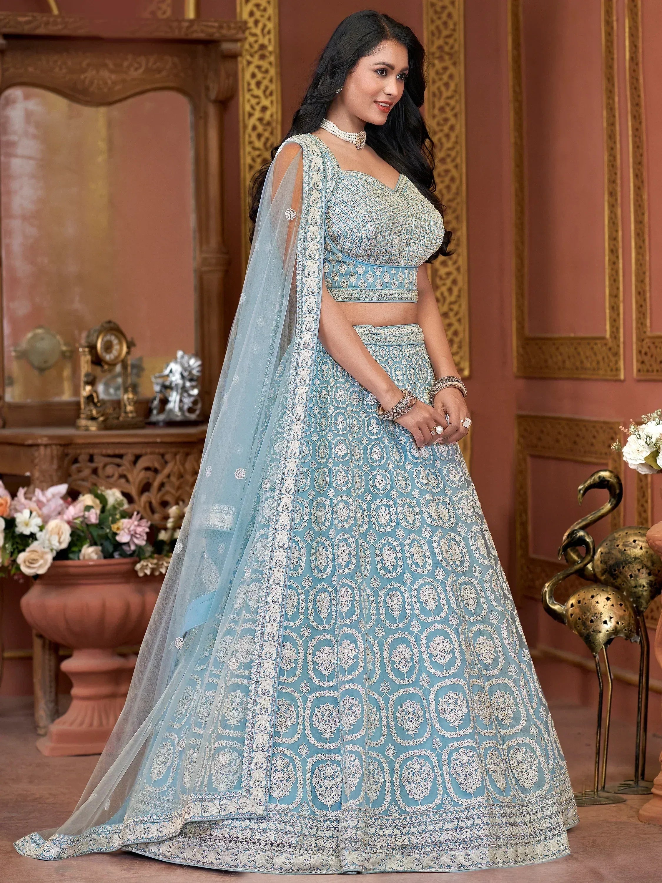 Light blue embroidered lehenga choli with dupatta, perfect for Indian weddings and festive occasions