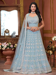 Beautiful Sky - Blue Embroidered Net Designer Lehenga Choli With Dupatta - Ethnic Plus In