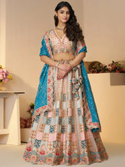 Beautiful Sky - Blue Thread Work Dola Silk Bridesmaid Lehenga Choli With Dupatta - Ethnic Plus In