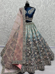 Beautiful Teal Blue Embroidered Velvet Bridal Lehenga Choli With Dupatta - Ethnic Plus In