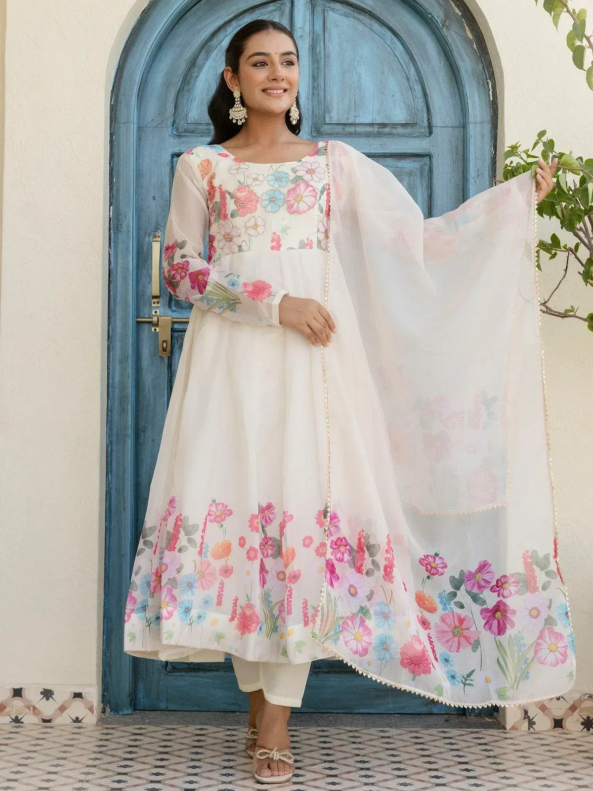 Floral printed white anarkali suit with dupatta, ethnic wear for women