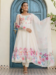 Beautiful White Organza Floral Printed Festive Wear Anarkali Suit - Ethnic Plus In