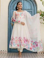 Beautiful White Organza Floral Printed Festive Wear Anarkali Suit - Ethnic Plus In