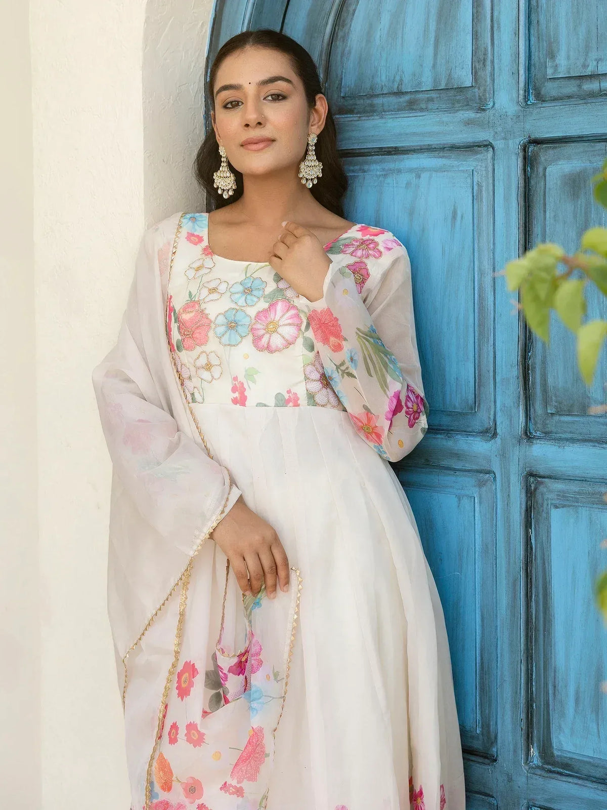 White floral embroidered anarkali suit with sheer dupatta, perfect for Indian ethnic wear occasions
