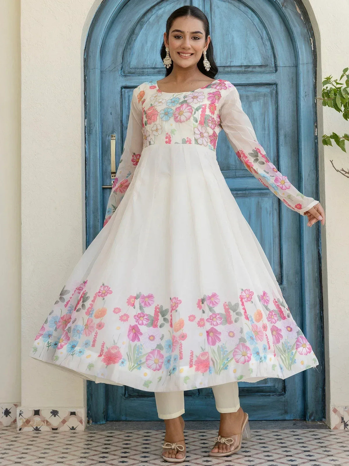 White floral anarkali gown with sheer sleeves, perfect for Indian ethnic wear occasions