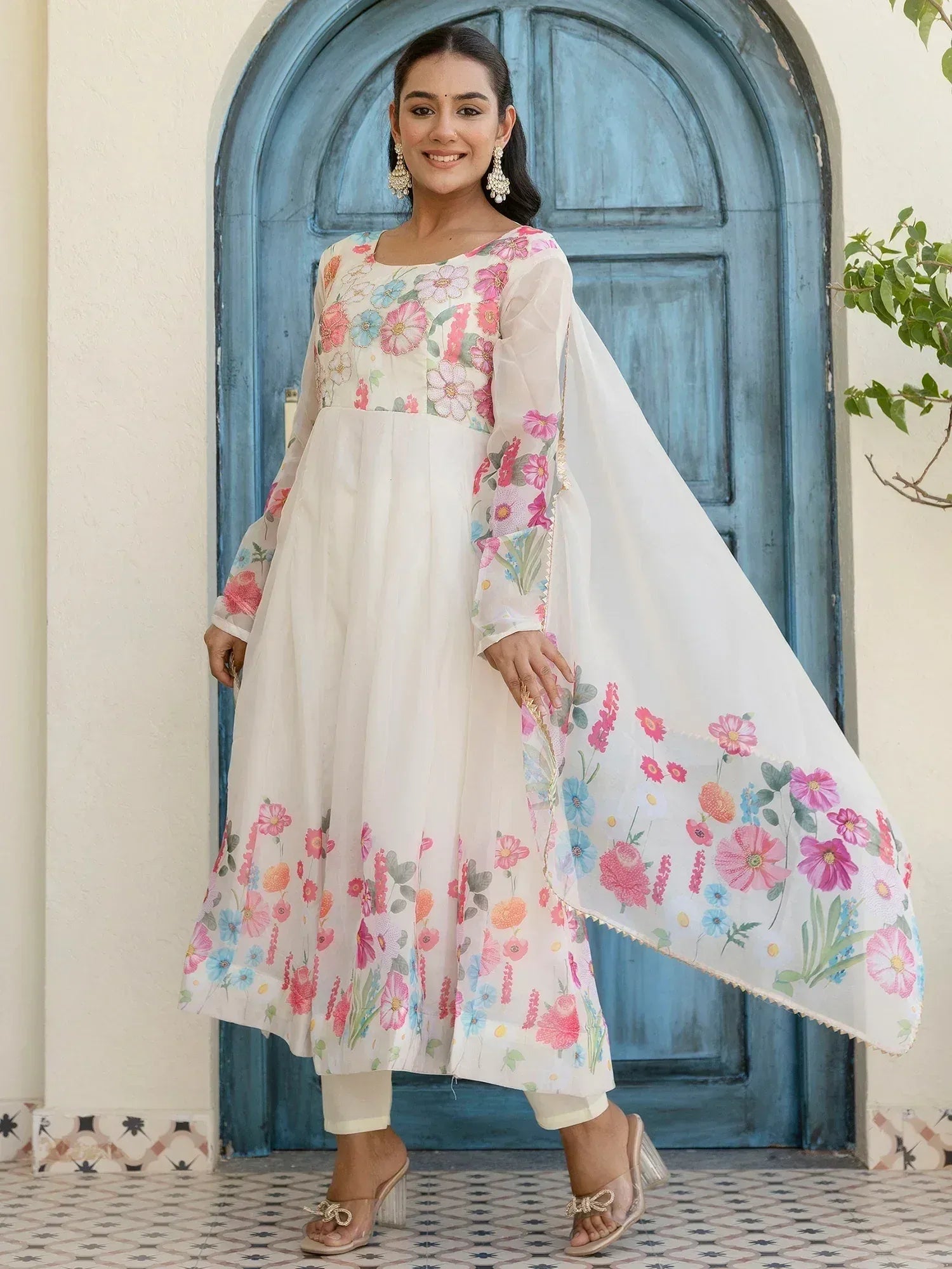 Floral print ethnic kurta with sheer sleeves and matching dupatta, perfect for Indian occasions
