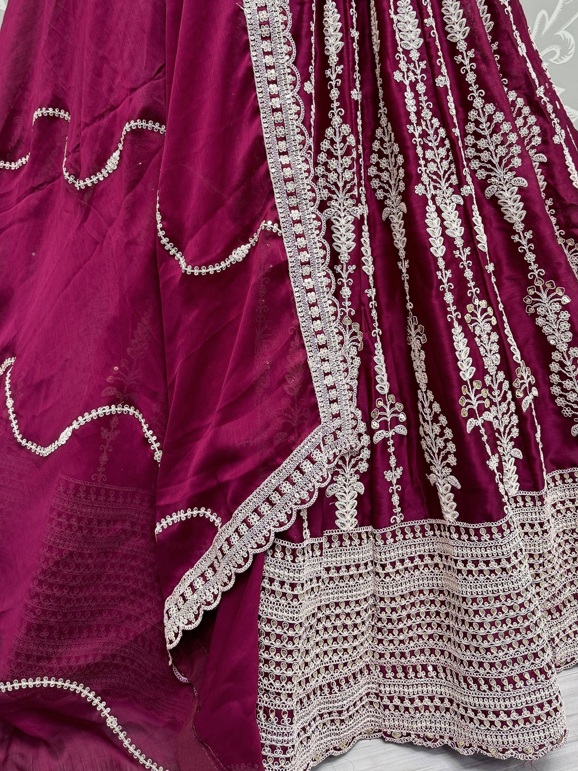 Magenta lehenga choli with white floral embroidery and sequin detailing, Indian ethnic wear
