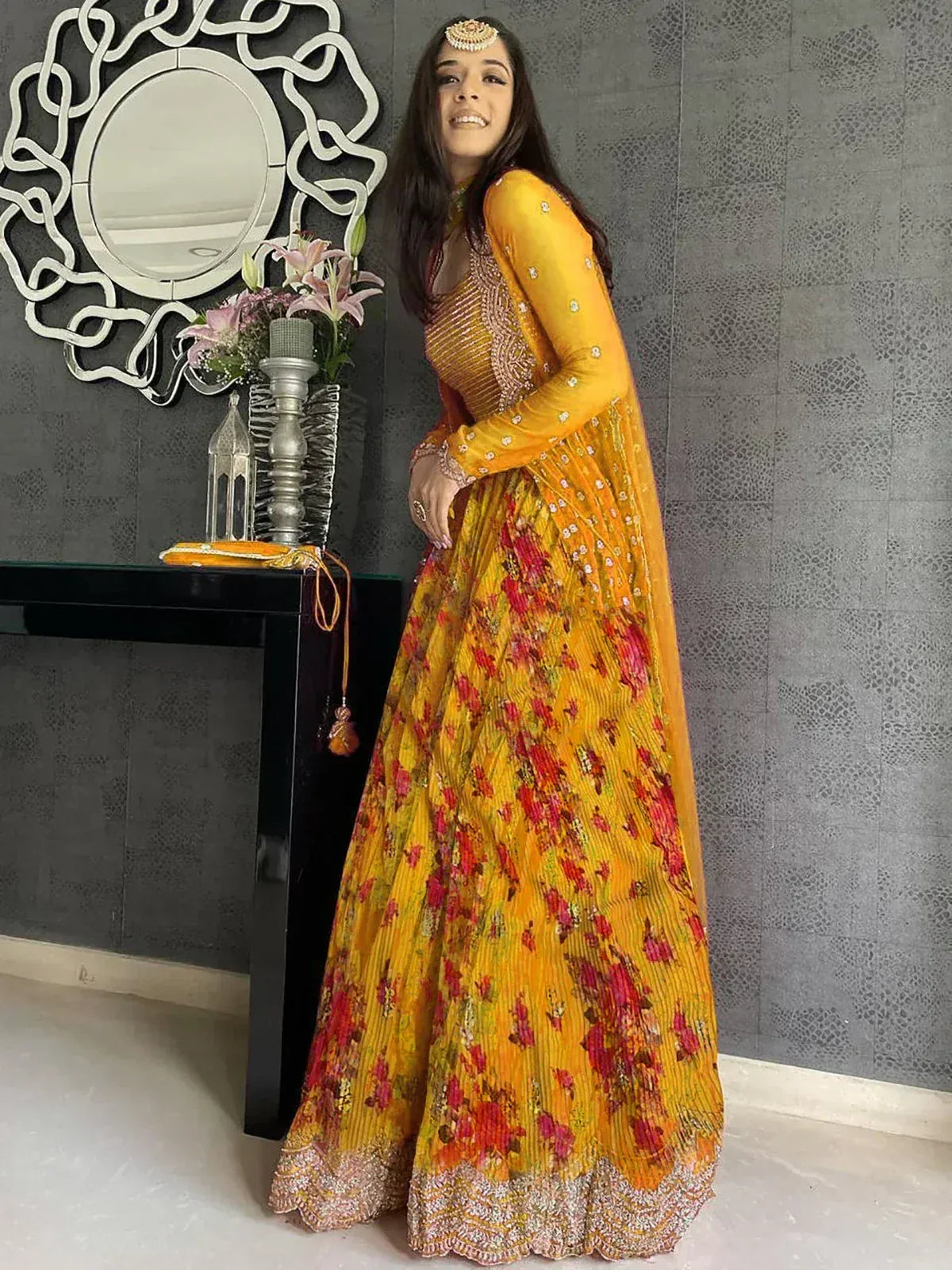 Yellow floral lehenga choli with embroidery, perfect for Indian ethnic wear occasions