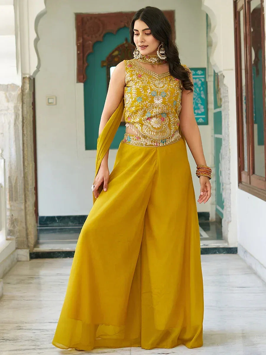 Yellow embroidered ethnic palazzo set with floral detailing and dupatta
