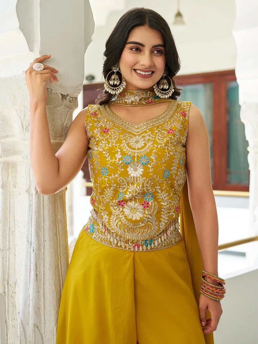 Beautiful Yellow Georgette Sequins Party Wear Palazzo Suit - Ethnic Plus In
