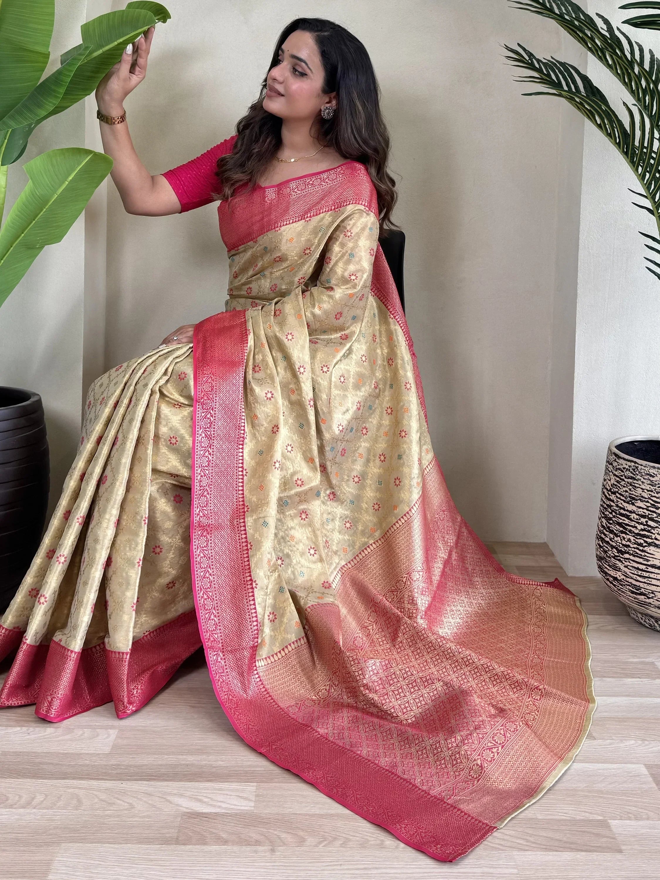 Beautiful Cream Zari Weaving Tissue Silk Classic Saree With Blouse
