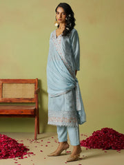 Beautiful Dusty Blue Khatli Work Organza Pant Suit With Dupatta