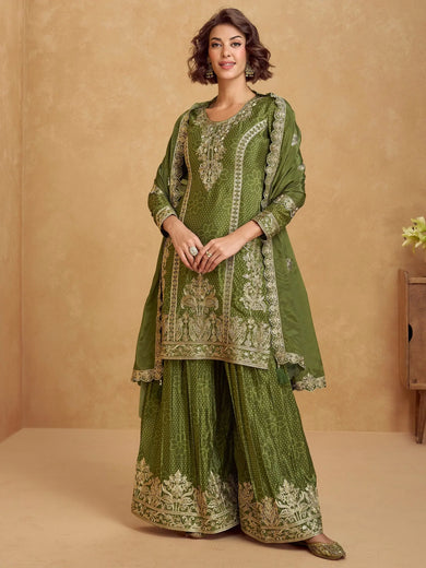 Beautiful Green Zari Embroidered Chinon Mehendi Wear Palazzo Suit
