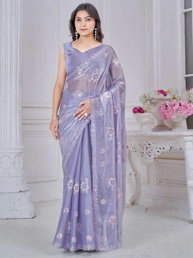 Beautiful Lavender Sequins Organza Party Wear Saree With Blouse