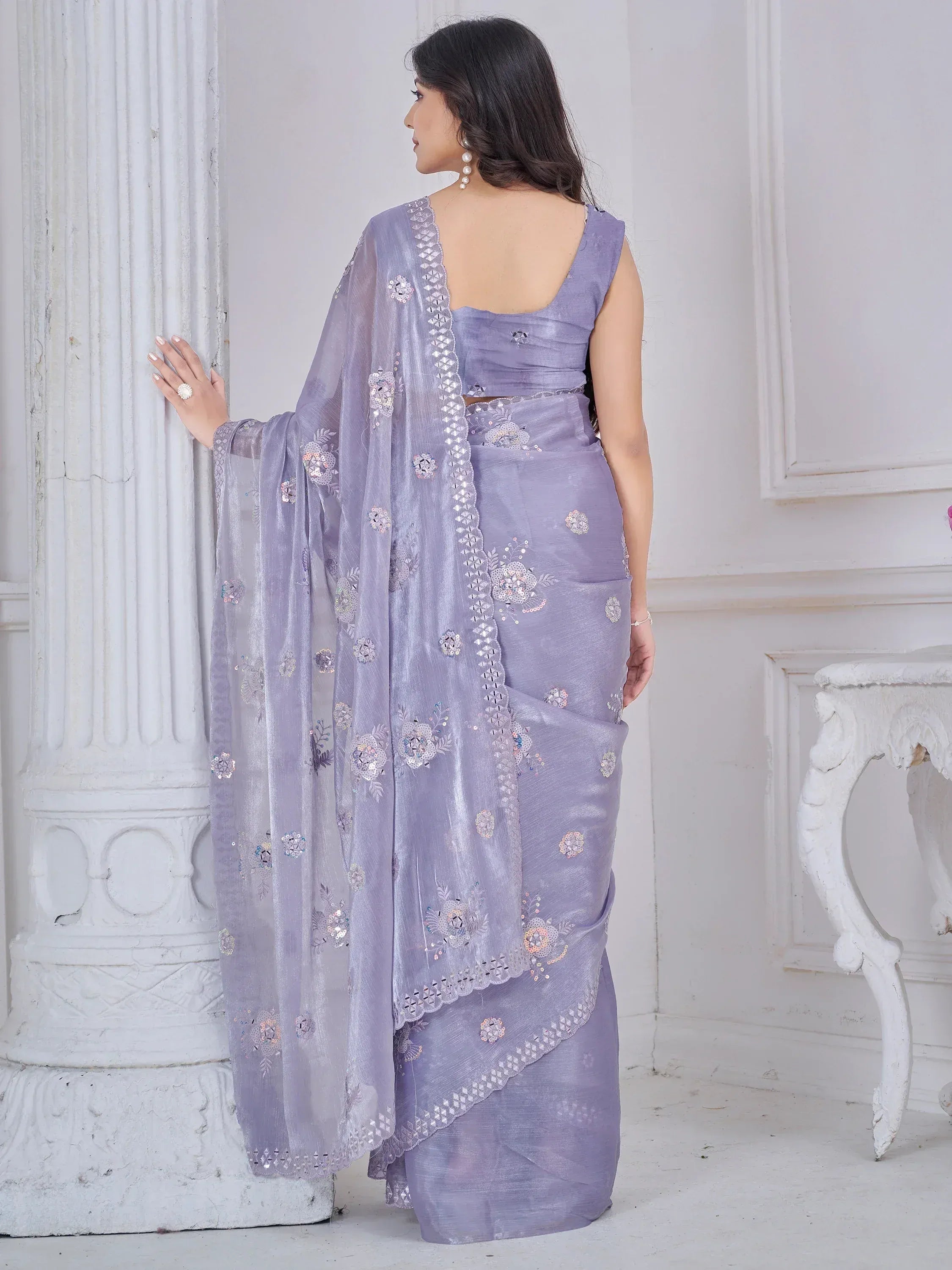Lavender saree with floral sequin embroidery, back view, ethnic wear for women