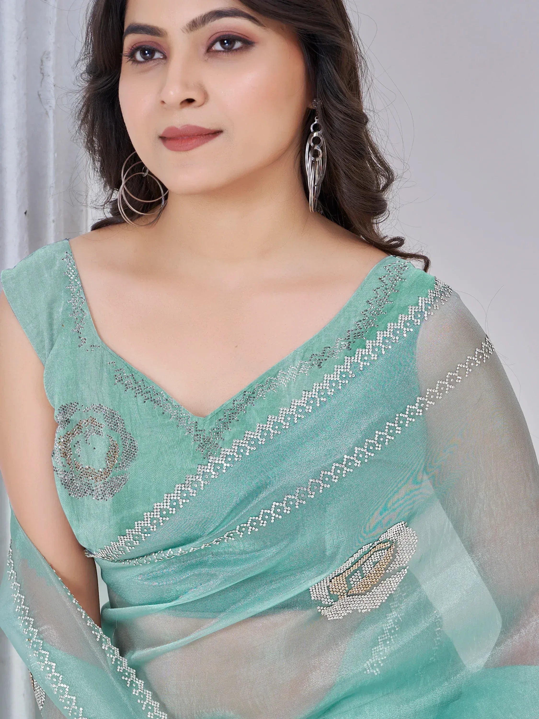 Mint green designer saree with silver embellishments and sheer sleeves, perfect for ethnic occasions