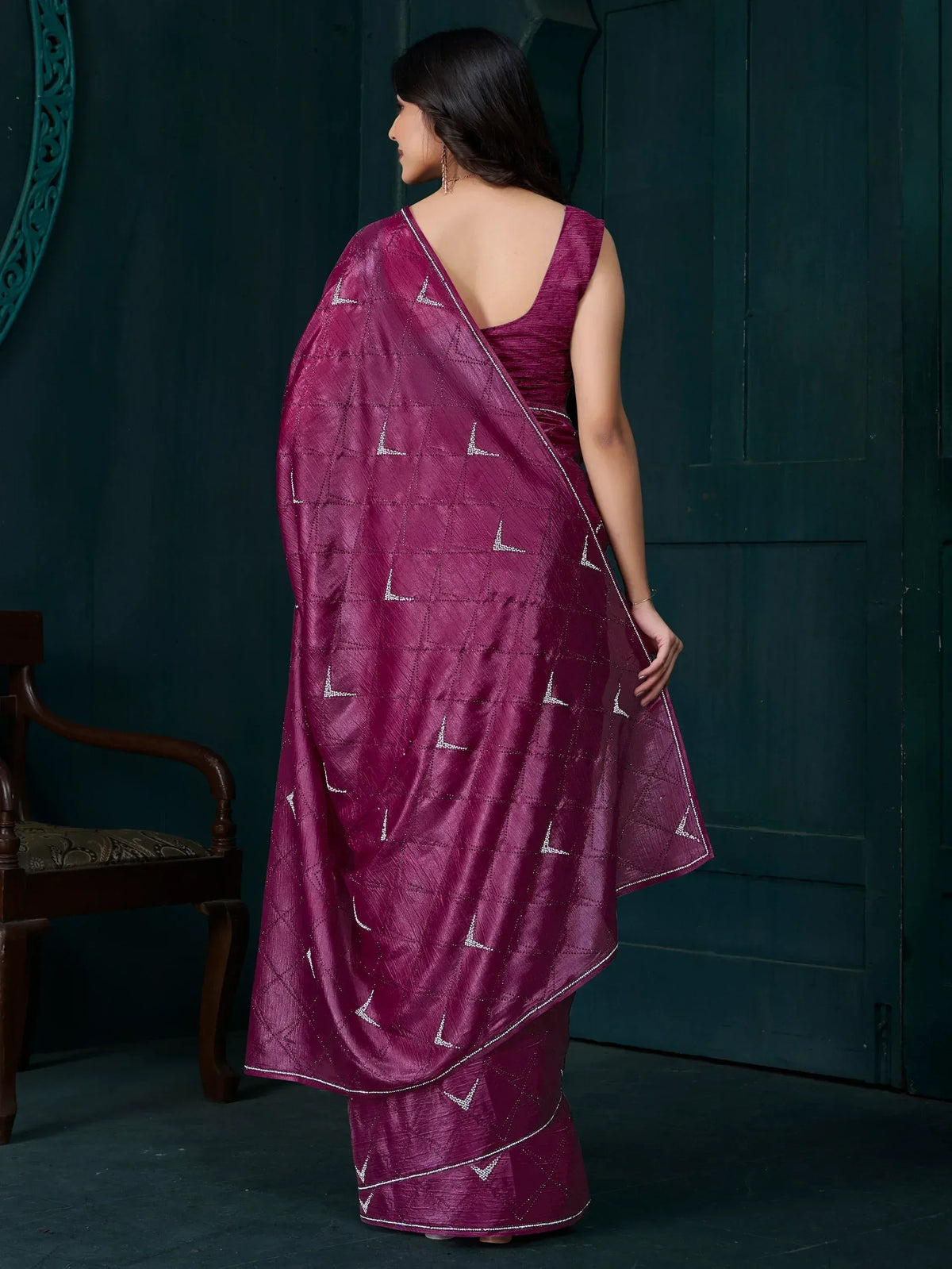 Purple ethnic saree with geometric embroidery, back view, Indian designer wear