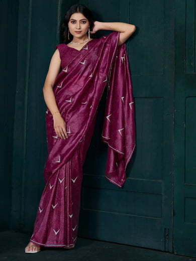 Beautiful Wine Jarkan Work Crepe Reception Wear Saree With Blouse