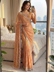 Precious Peach Beads Work Satin Reception Wear Saree With Blouse