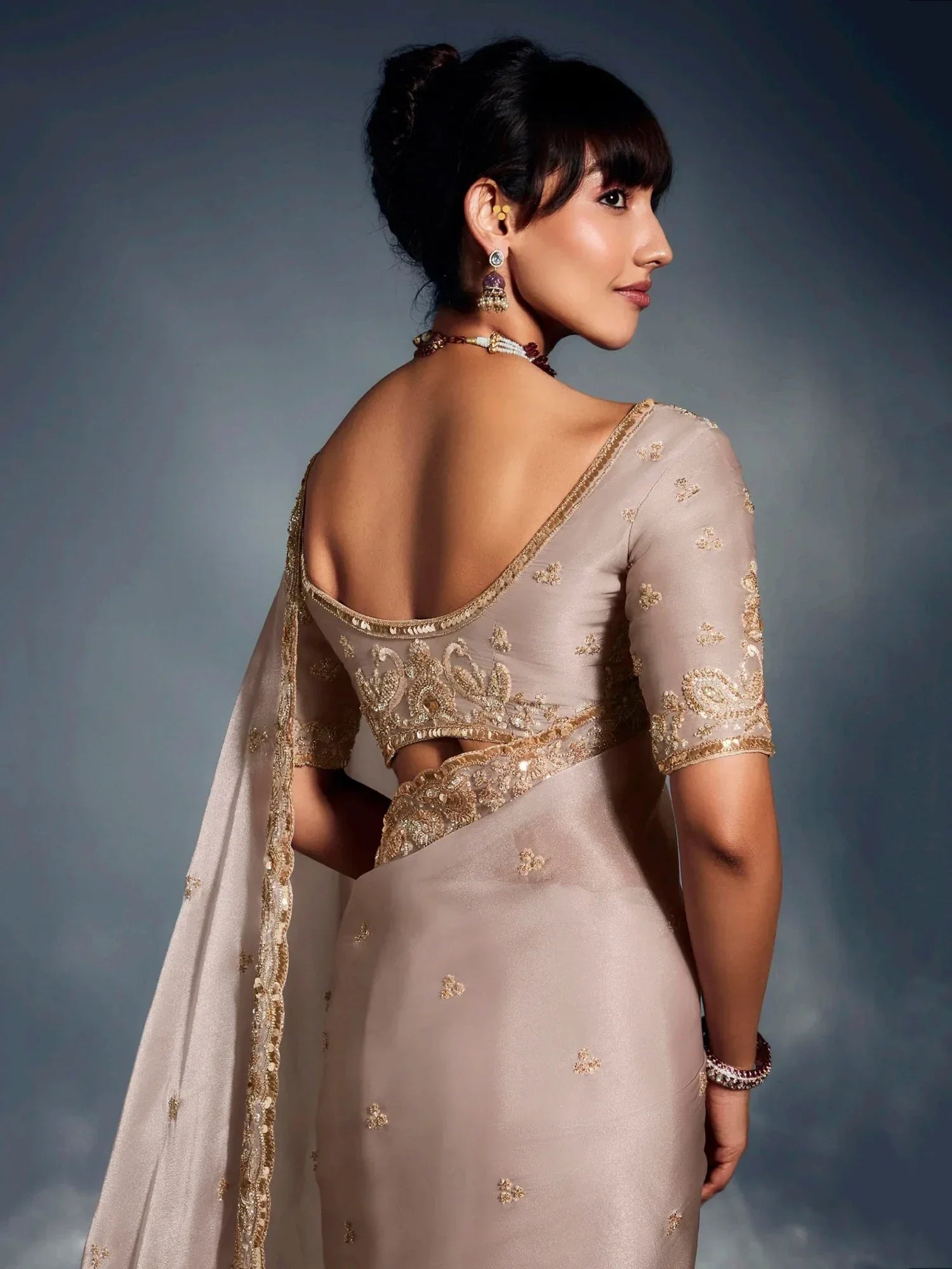 Glamorous Beige Border Work Organza Traditional Saree With Blouse